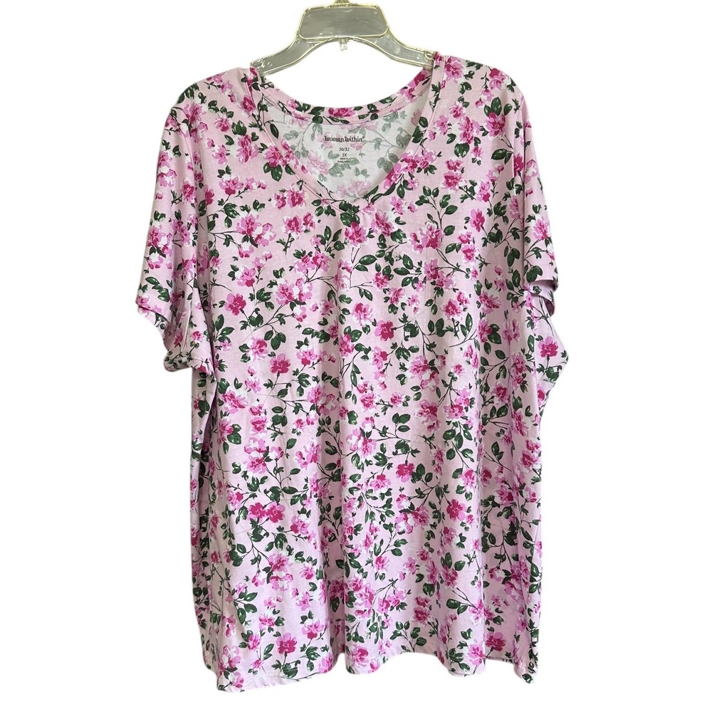 Woman Within Pink Floral V-Neck Short Sleeve Tee T Shirt 3X Cottagecore Feminine